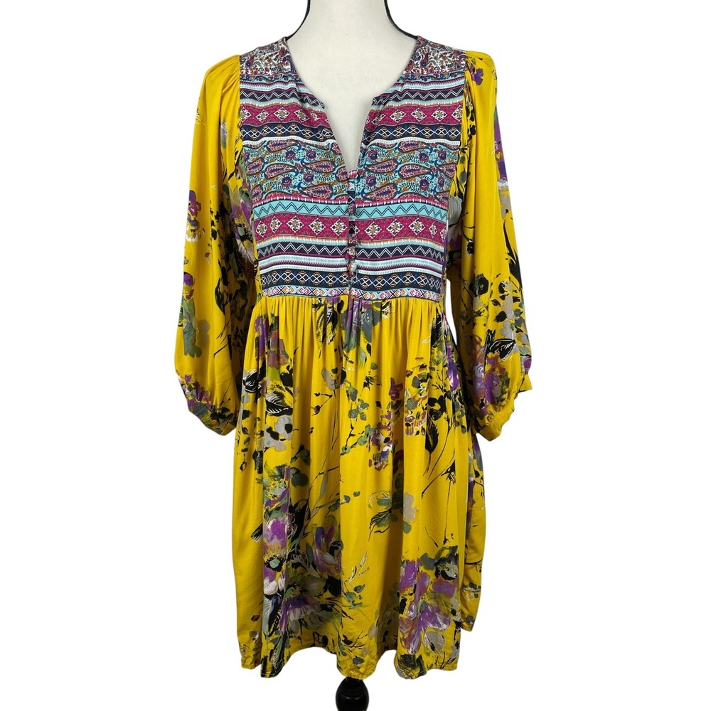 Umgee USA Women's Babydoll Mini Dress Large Paisley Floral Balloon Sleeve Boho